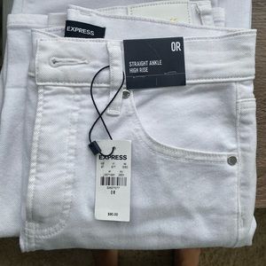 High Waisted White Cuffed Hem Straight Ankle Jeans